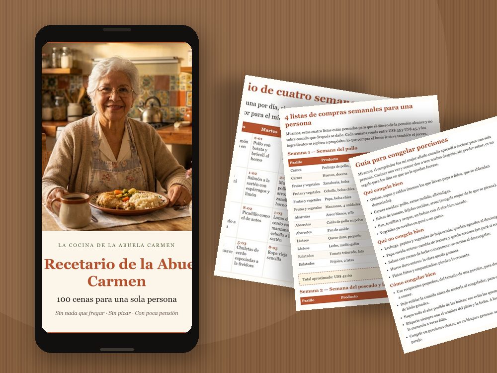 El Recetario de la Abuela Carmen en el celular y páginas impresas sobre la mesa